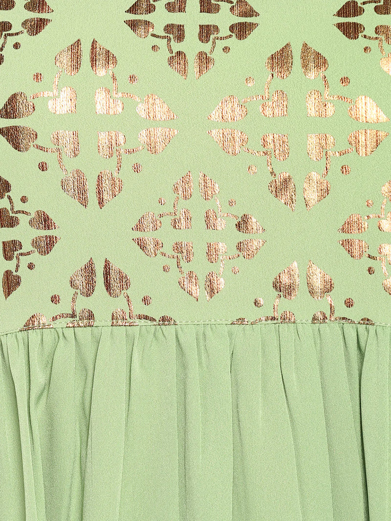 Green Poly Crepe Foil Print A Line Kurta