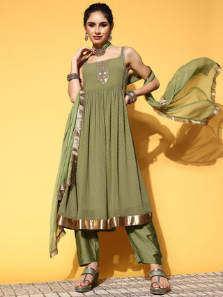 Green Poly Georgette Shoulder Strap Anarkali Style Kurta with Silk Blend Bottom and Chiffon Dupatta