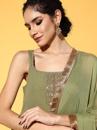 Green Poly Georgette Shoulder Strap Anarkali Style Kurta with Silk Blend Bottom and Chiffon Dupatta