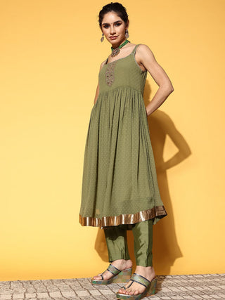 Green Poly Georgette Shoulder Strap Anarkali Style Kurta with Silk Blend Bottom and Chiffon Dupatta