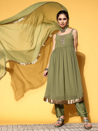 Green Poly Georgette Shoulder Strap Anarkali Style Kurta with Silk Blend Bottom and Chiffon Dupatta