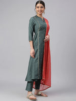 Dark Green Poly Silk Embellished Suit Set with Contrast Dupatta