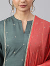 Dark Green Poly Silk Embellished Suit Set with Contrast Dupatta