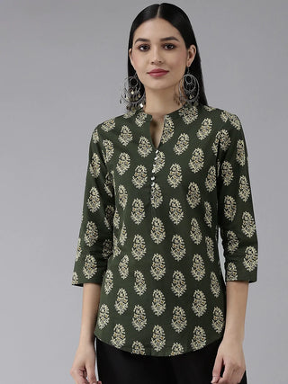 Green Cotton Ethnic Motif Printed Shirt Style Top