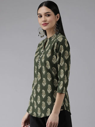 Green Cotton Ethnic Motif Printed Shirt Style Top