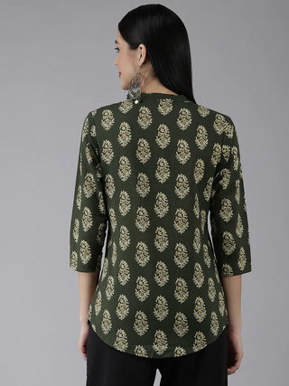 Green Cotton Ethnic Motif Printed Shirt Style Top