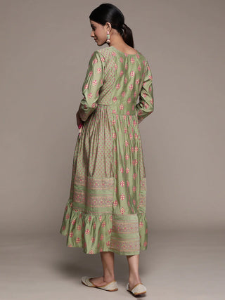 Green Silk Blend Embellished Anarkali Dress