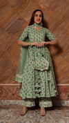 Copy of Paisley Cotton Green Floral Print Anarkali Set with Soft Net Dupatta