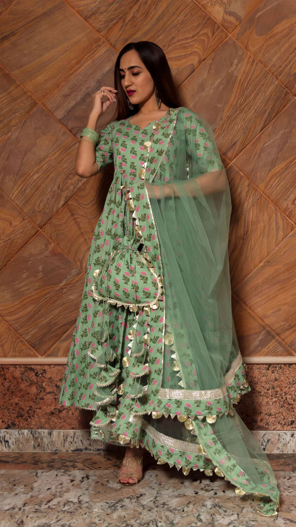 Paisley Cotton Green Floral Print Anarkali Set with Soft Net Dupatta