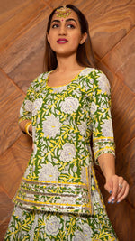 Cotton Lime Green & Yellow Printed Kurta Skirt Set with Organza Dupatta