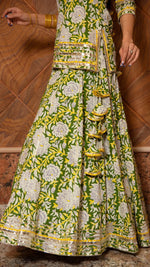 Cotton Lime Green & Yellow Printed Kurta Skirt Set with Organza Dupatta