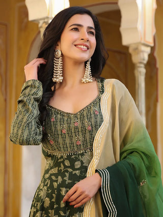 Green Muslin Kota Printed & Hand Embroidered Gown with Organza Dupatta