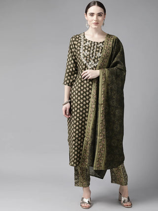Mehendi Green Muslin Geometric Print Suit Set with Dupatta