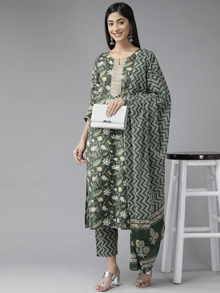 Green Pure Cotton Printed Suit Set with Voile Dupatta