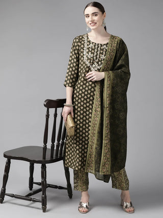 Mehendi Green Muslin Geometric Print Suit Set with Dupatta