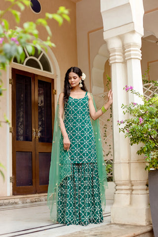 Dark Green Georgette Fully Embroidered Sharara Set with Organza Dupatta