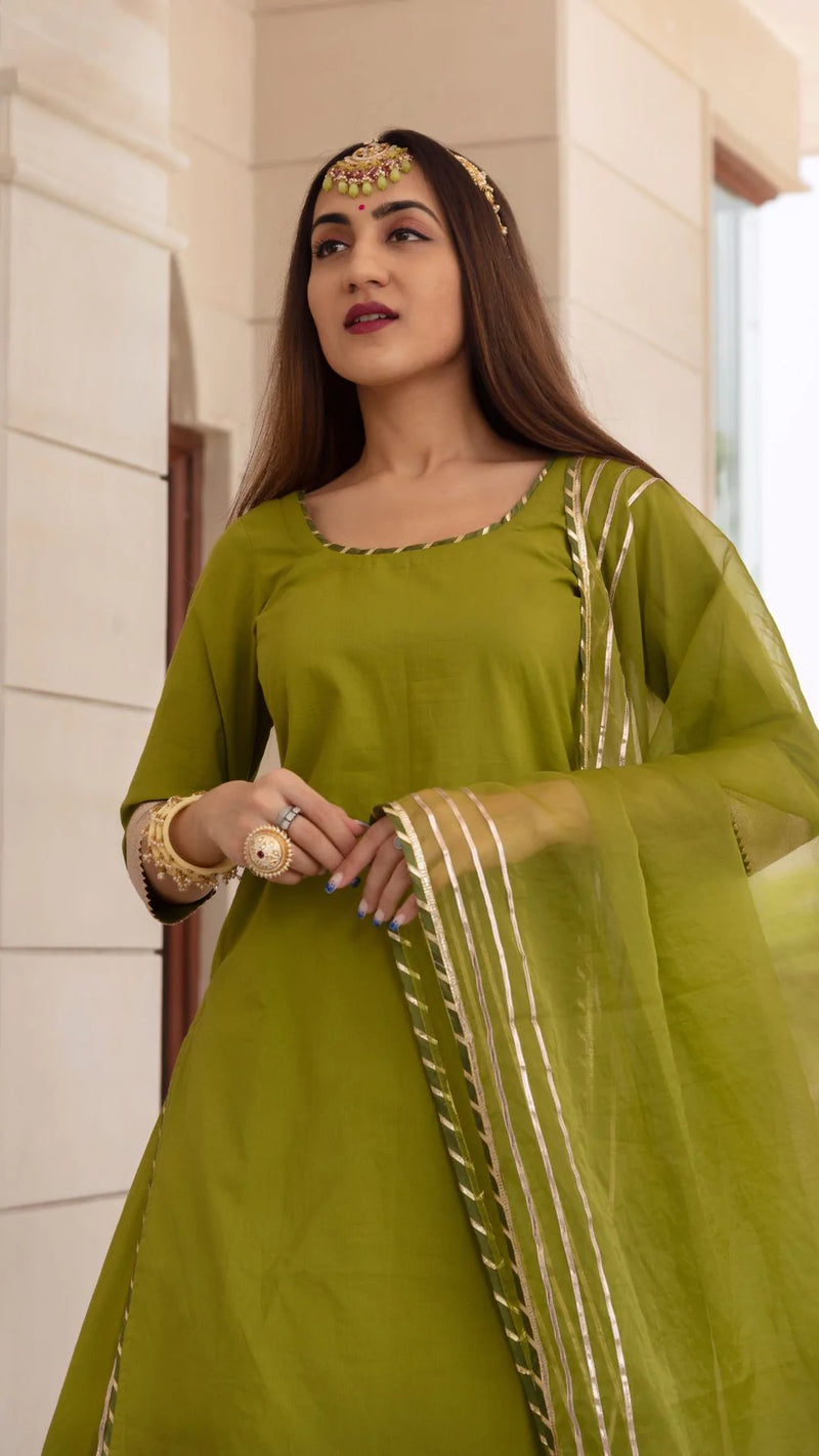 Cotton Solid Mehendi Green Kurta Skirt Set with Organza Dupatta
