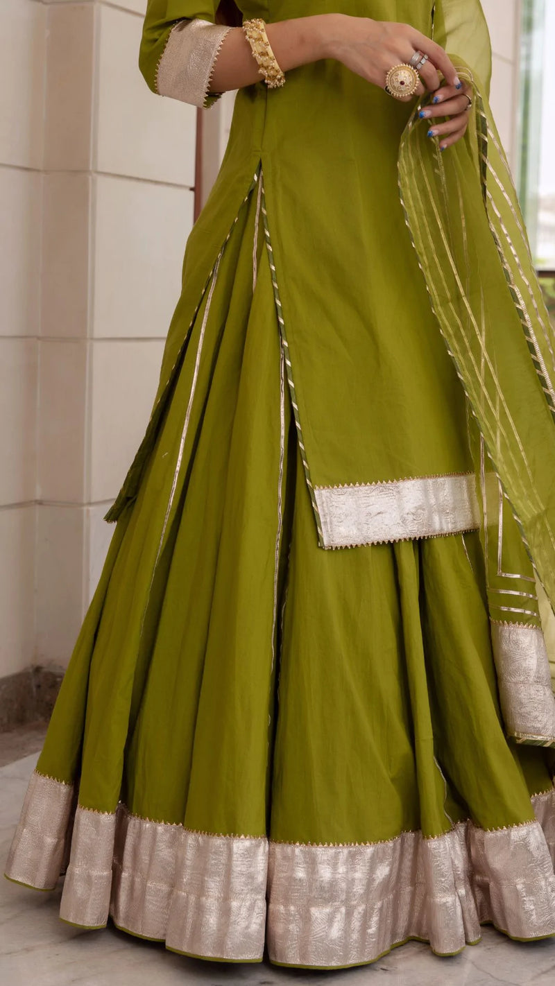 Cotton Solid Mehendi Green Kurta Skirt Set with Organza Dupatta