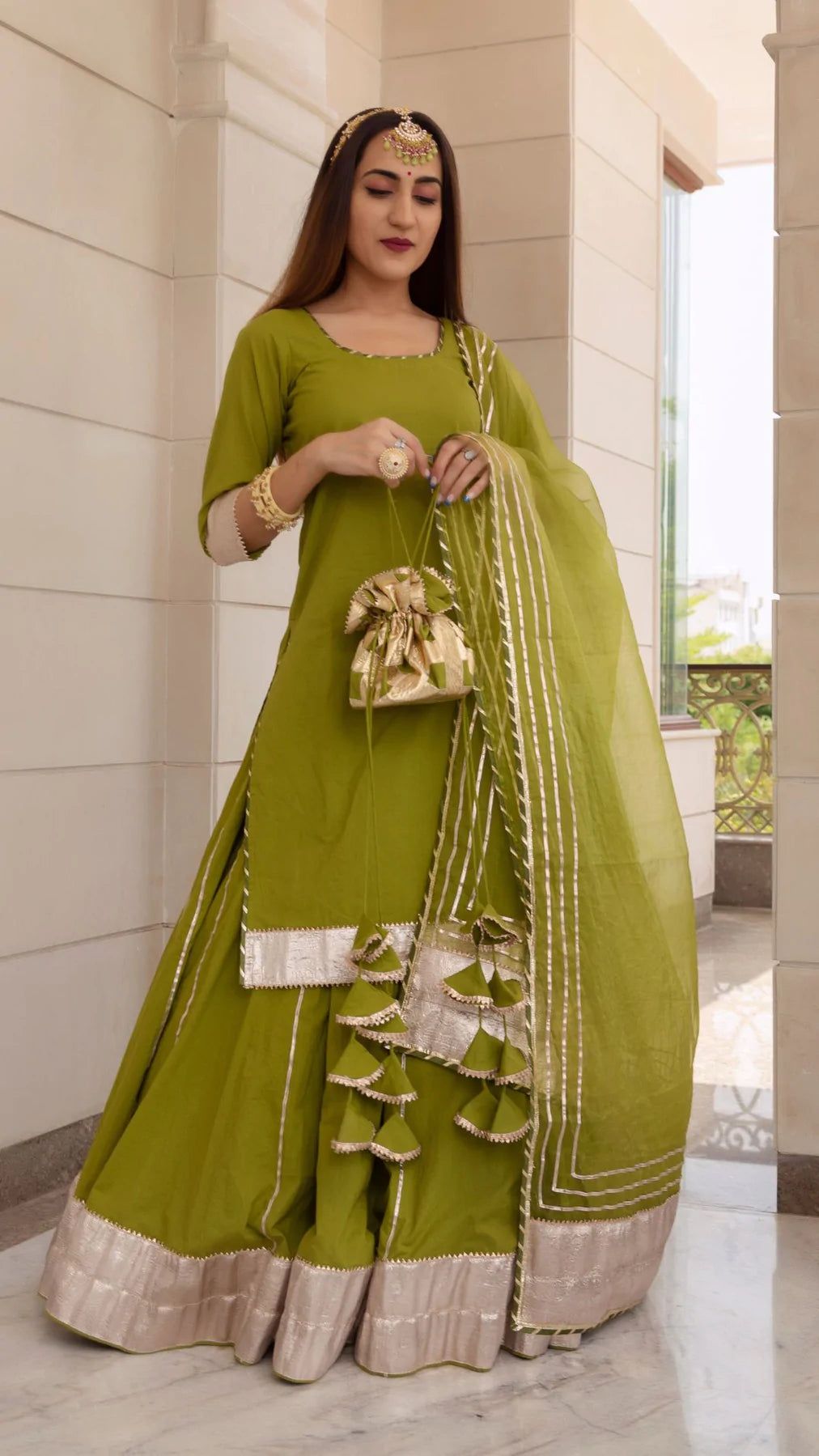Cotton Solid Mehendi Green Kurta Skirt Set with Organza Dupatta