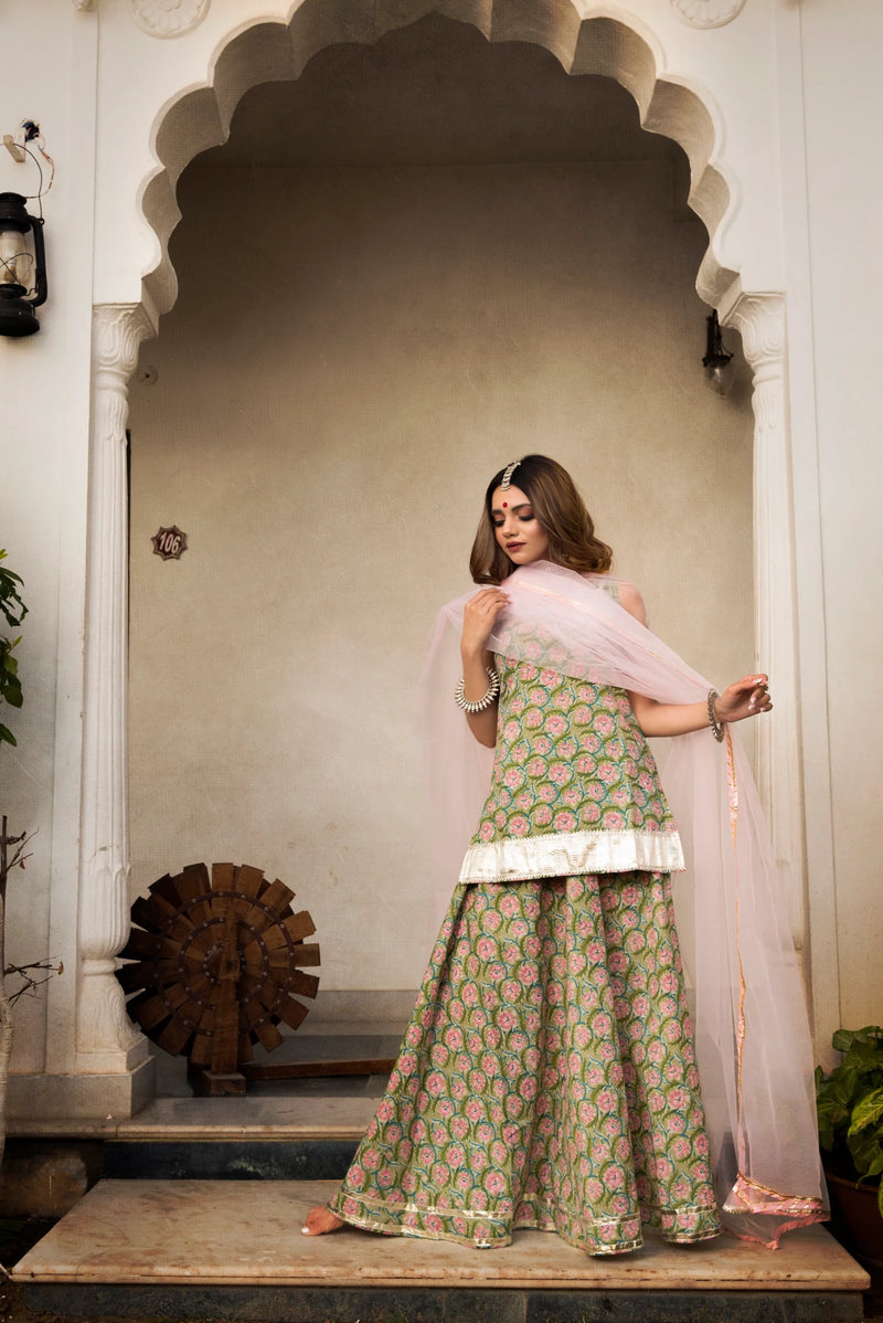Cotton Green Hand Block Print Kurta Skirt Set with Dupatta
