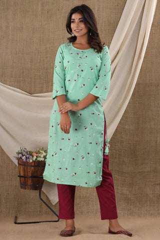 Cotton Green Printed Suit Set with Dupatta - Ria Fashions