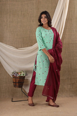Cotton Green Printed Suit Set with Dupatta - Ria Fashions