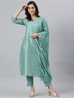 Poly Silk Green Striped Suit Set with Dupatta