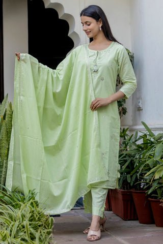 Cotton Green Mirror Embellished Suit Set with Dupatta
