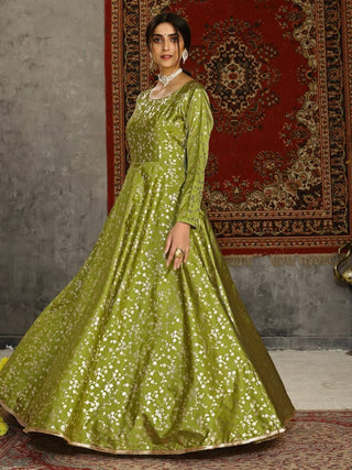 Green Taffeta Silk Embellished with Metalic Foil Print Party Wear Gown