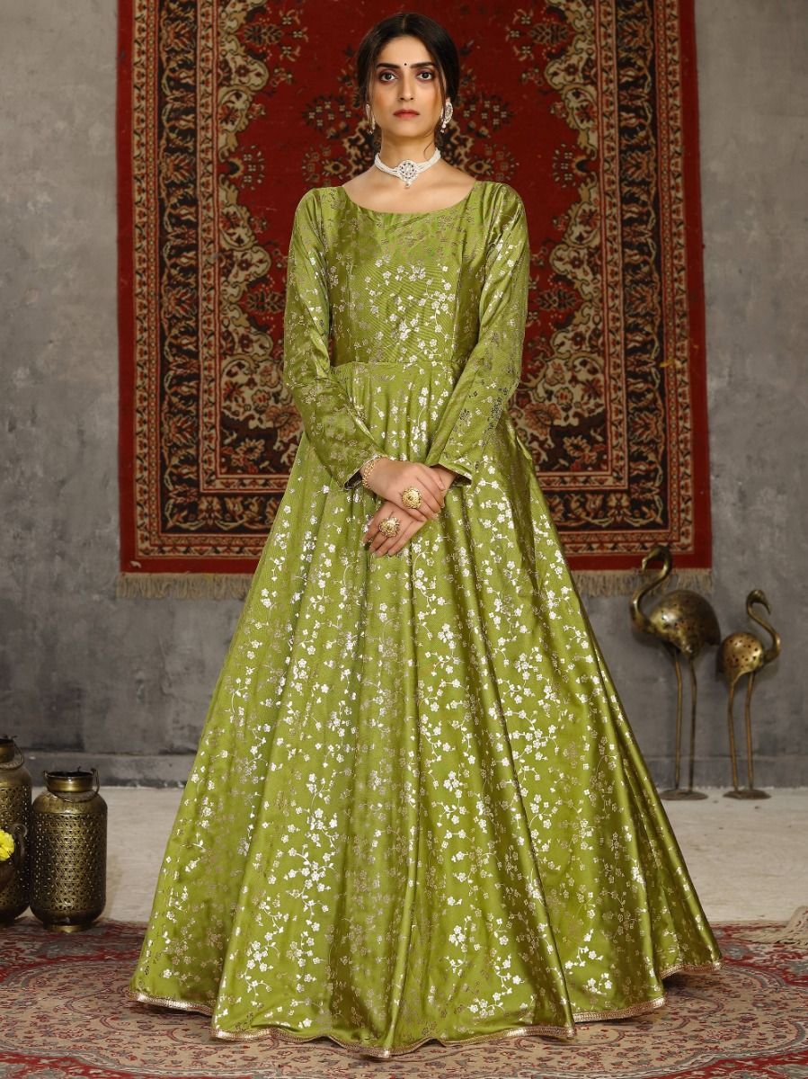 Green Taffeta Silk Embellished with Metalic Foil Print Party Wear Gown