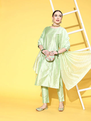 Green Zari Work A line Suit Set with Dupatta