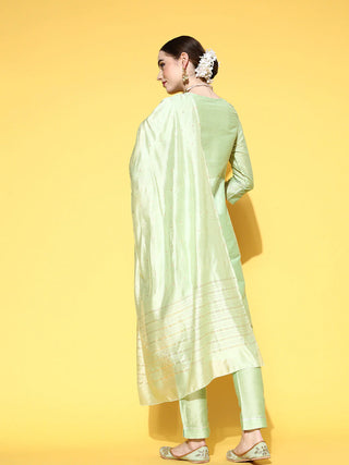 Green Zari Work A line Suit Set with Dupatta