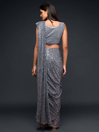 Grey Georgette Sequined Saree - Ria Fashions