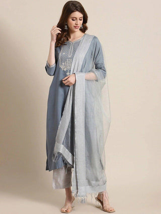 Grey Kurta Suit Set with Dupatta - Ria Fashions