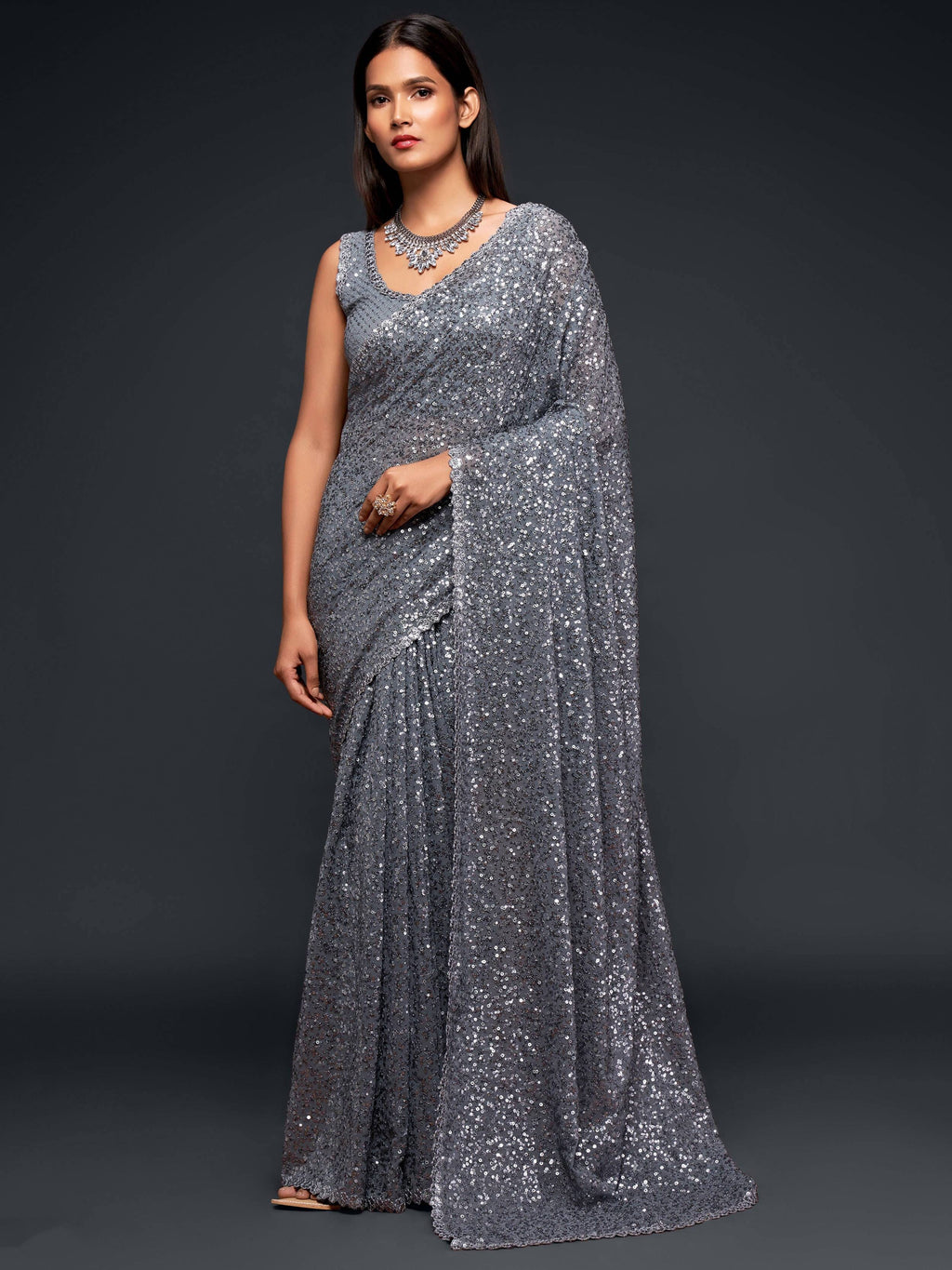 Grey Georgette Sequined Saree - Ria Fashions