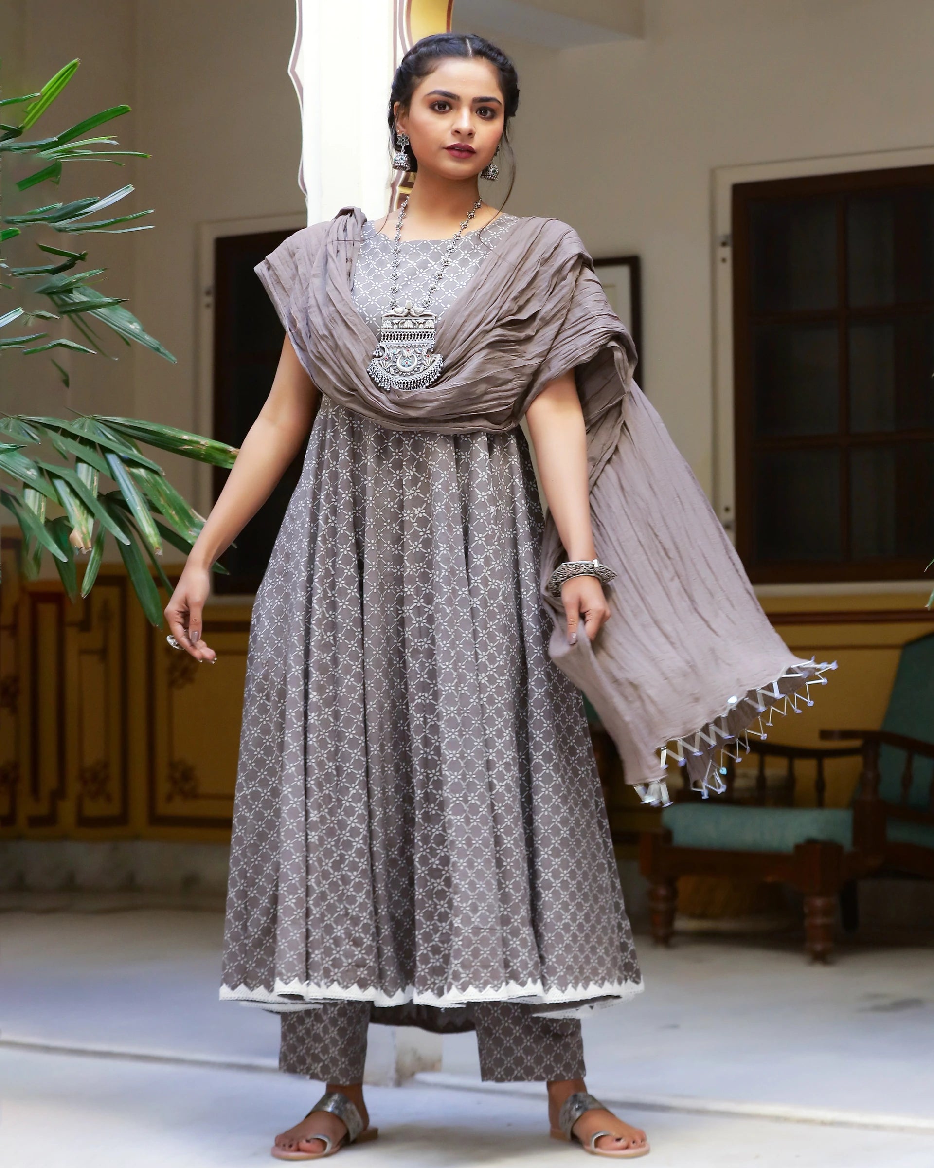 Grey Cotton Printed Anarkali Kurta Pant Set with Mulmul Dupatta | Ria fashions Indian Ria Fashions Grey Cotton Printed Anarkali Kurta Pant Set with Mulmul Dupatta | Ria fashions Indian Ria Fashions