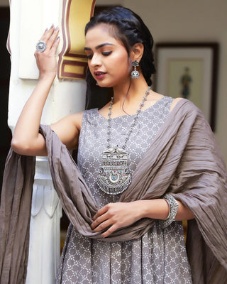 Grey Cotton Printed Anarkali Kurta Pant Set with Mulmul Dupatta - Ria Fashions