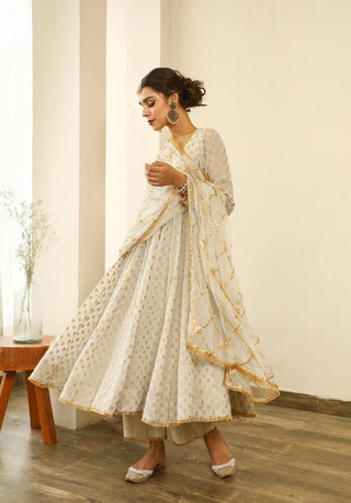 Copy of Georgette Light Grey Embroidered Anarkali Set with Cotton Pants and Chiffon Gottajaal Dupatta