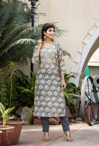 Grey Modal Silk Print & Embroidered Suit Set with Dupatta