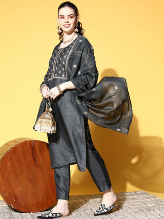 Grey Silk Blend Thread Detailing Suit Set with Printed Dupatta