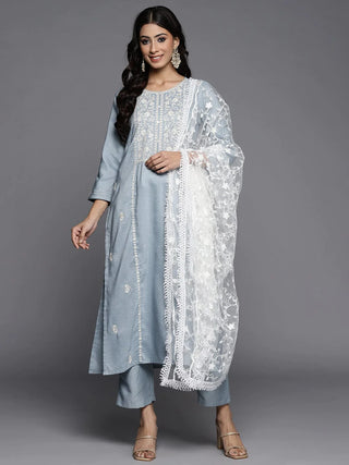 Grey Silk Blend Ethnic Motif Embroidered Suit Set with White Organza Dupatta
