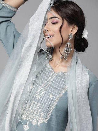 Grey Yoke Design Kurta Suit Set with Dupatta - Ria Fashions