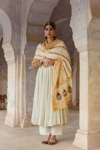 Ivory Soft Cotton Solid Anarkali Set with Gold Gotta Detailing Dupatta