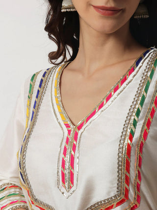 Ivory Croma Silk Embellished Kurta with Kalidar Palazzo with Leheriya Oraganza Dupatta