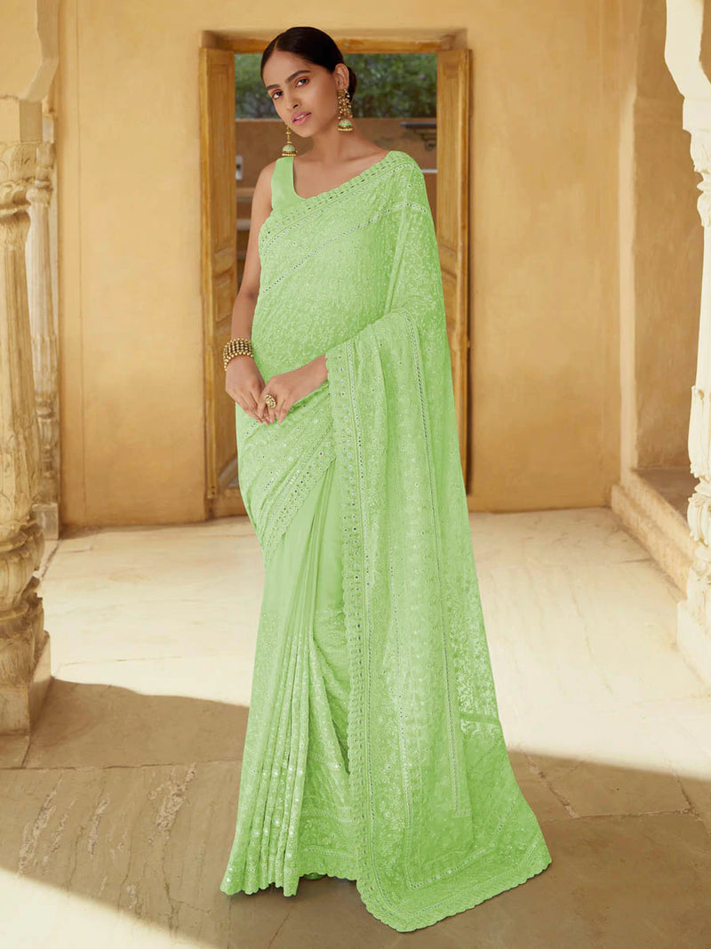 Georgette Light Green Embroidery Saree with Georgette Blouse - Ria Fashions