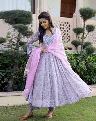 Cotton Pink & Purple Hand Block Print Anarkali Kurta Set - Ria Fashions