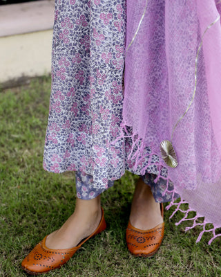 Cotton Pink & Purple Hand Block Print Anarkali Kurta Set - Ria Fashions