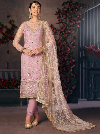 Lavender Net Sequins & Thread Embroidered Suit Set with Dupatta