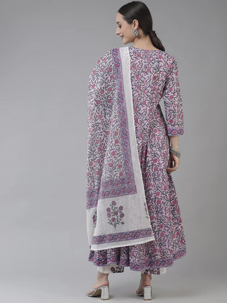 Cotton Lavender & White Ethnic Motif Printed Suit Set with Voile Dupatta