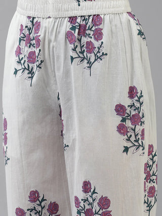 Cotton Lavender & White Ethnic Motif Printed Suit Set with Voile Dupatta